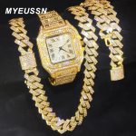 Gold Color Cuban Chain Watch & Bracelet Set – Hip Hop Iced Out Bling Jewelry for Men