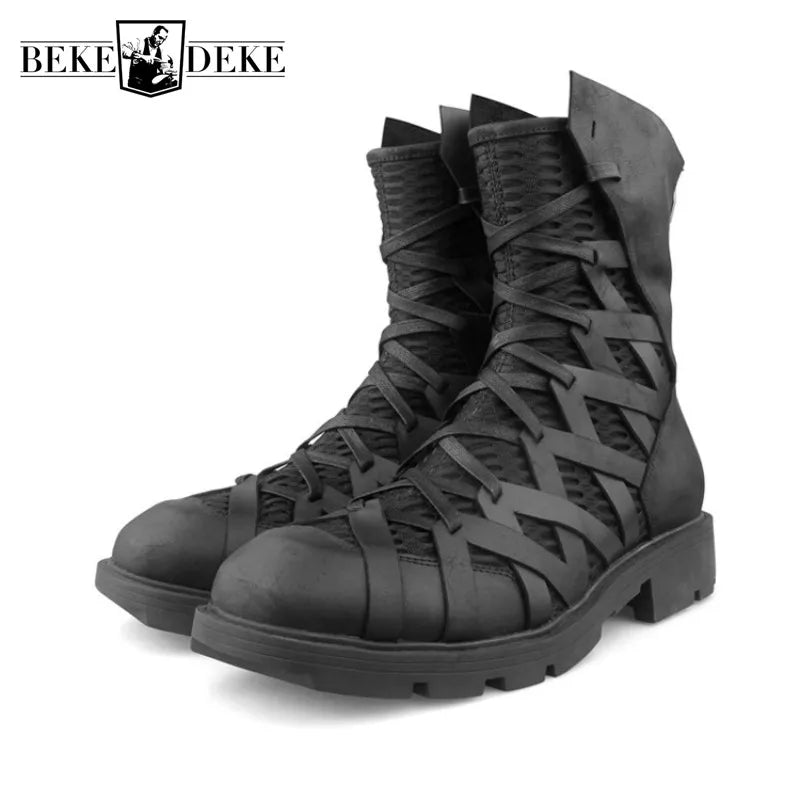 High-Top Punk Ankle Shoes for Men – Genuine Leather Mesh Patchwork Zip-Up Hip Hop Sneakers - Image 2