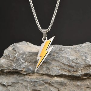 Trendy Lightning Pendant Necklace – Two-Tone Stainless Steel Chain for Men
