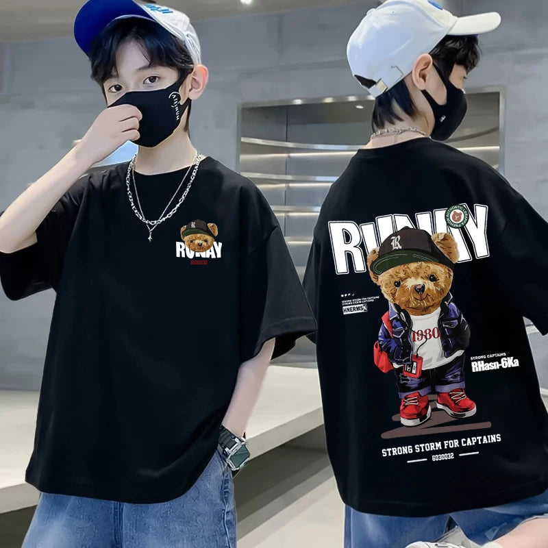 2025 Children's Clothing American Vintage Bear Print Graphic T Shirts Boys Summer Cotton Short-sleeved T-shirt Tops Streetwear - Image 2
