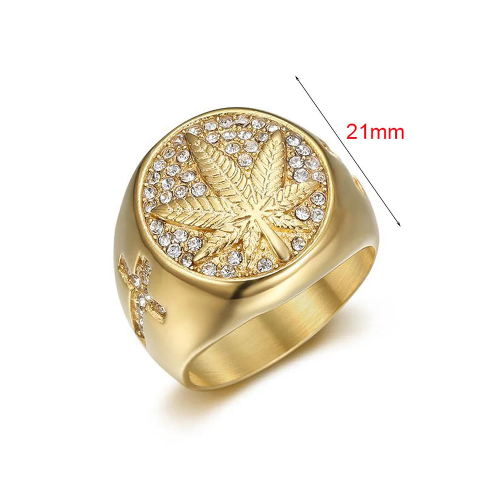 Hip Hop Iced Out Hemp Leaf Ring – Gold Stainless Steel Bling Ring for Men - Image 7