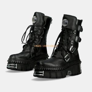 Metal Rock Punk Motorcycle Boots – Belt Buckle Lace-Up Short Boots for Women (Size 35–45)