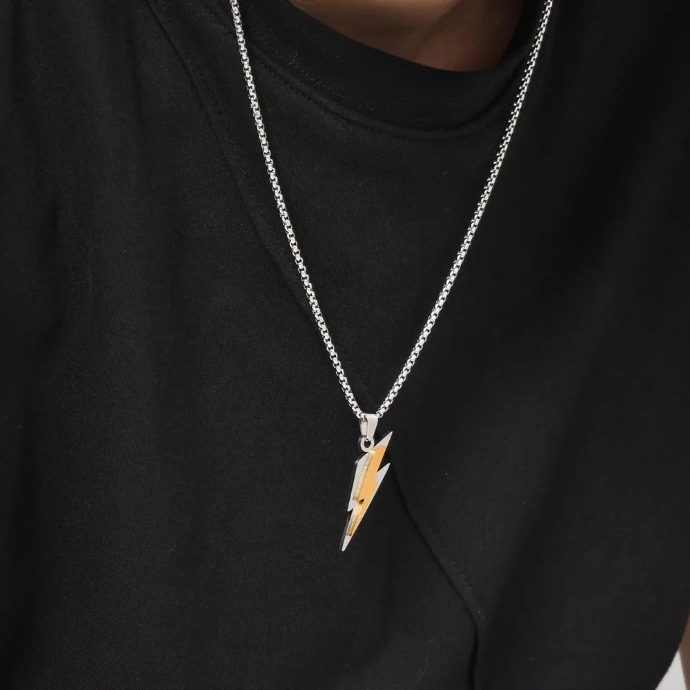 Trendy Lightning Pendant Necklace – Two-Tone Stainless Steel Chain for Men - Image 3