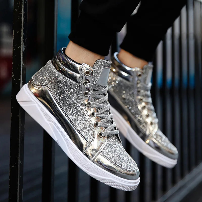 2022 Fashion Men’s High-Top Sneakers – Gold Glitter Streetwear Hip Hop Ankle Boots - Image 3