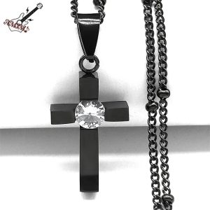 Hip-Hop Cross Rhinestone Pendant Necklace – Black Stainless Steel Religious Amulet for Men & Women