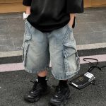 Summer Korean Kids Boys Shorts Children Boys Big Side Pockets Cargo Denim Shorts Loose Elastic Waist Young Teenager Boys Jeans