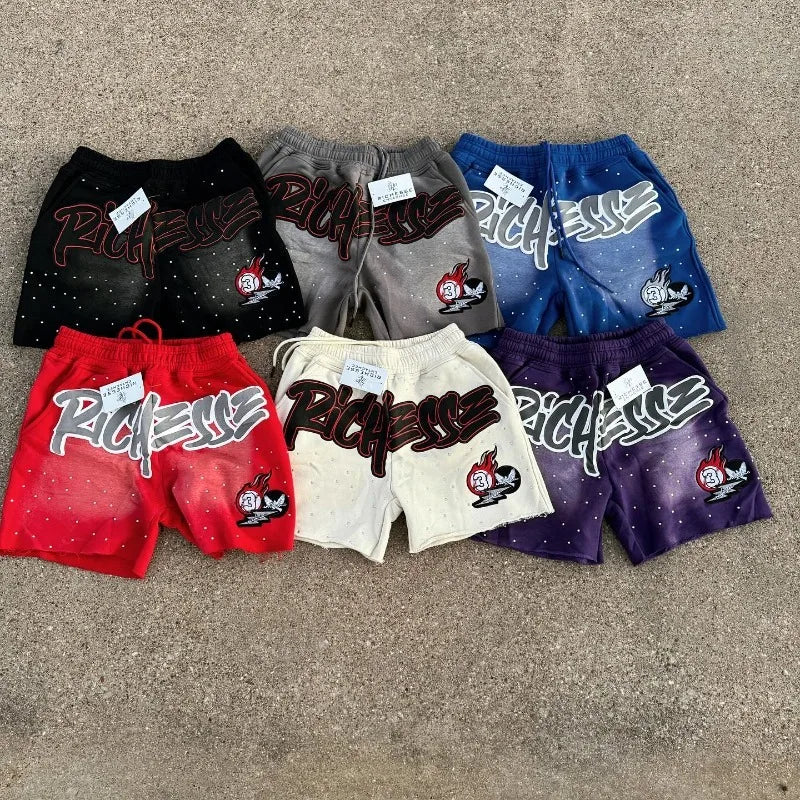 Y2K Harajuku Rhinestone Letter Print Shorts – Men’s Hip-Hop Streetwear Cotton Sweatpants