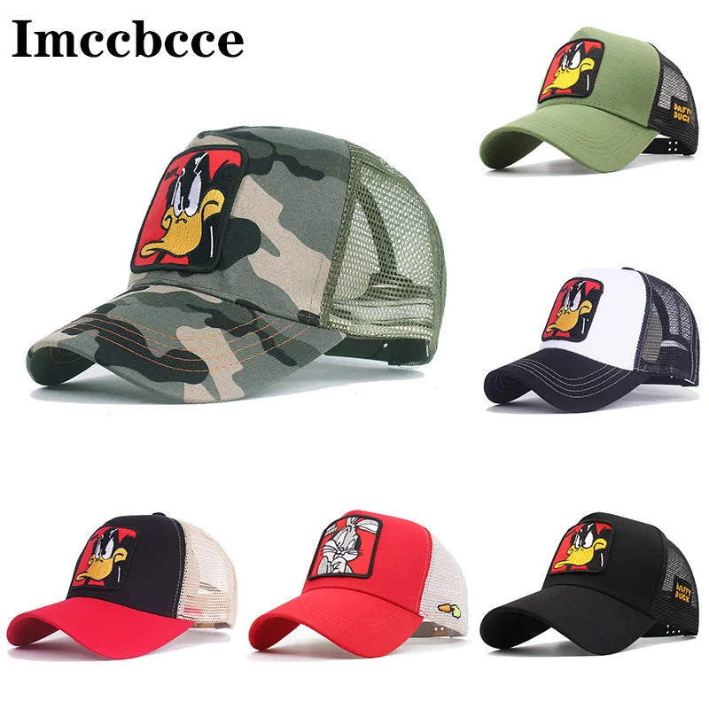 Anime Cartoon Baseball Cap – Duck Embroidered Mesh Snapback Hat for Men & Women