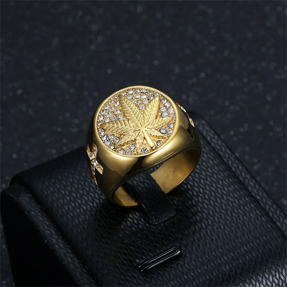 Hip Hop Iced Out Hemp Leaf Ring – Gold Stainless Steel Bling Ring for Men