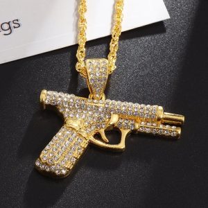 Bling Iced Out Pistol Pendant Necklace