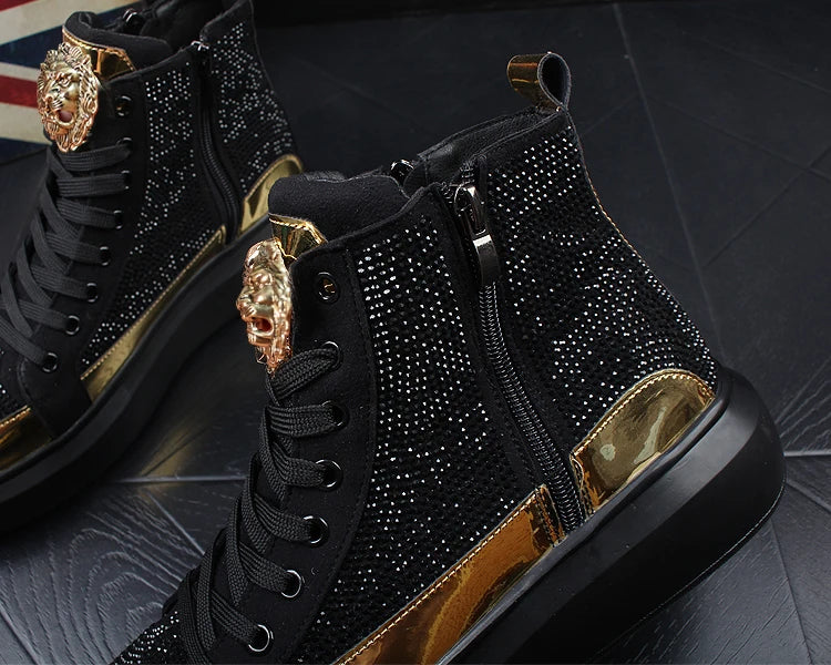 Luxury Rhinestone Men’s High-Top Sneakers – Hip Hop Zipper Boots with Elastic Sole (Model A6) - Image 4