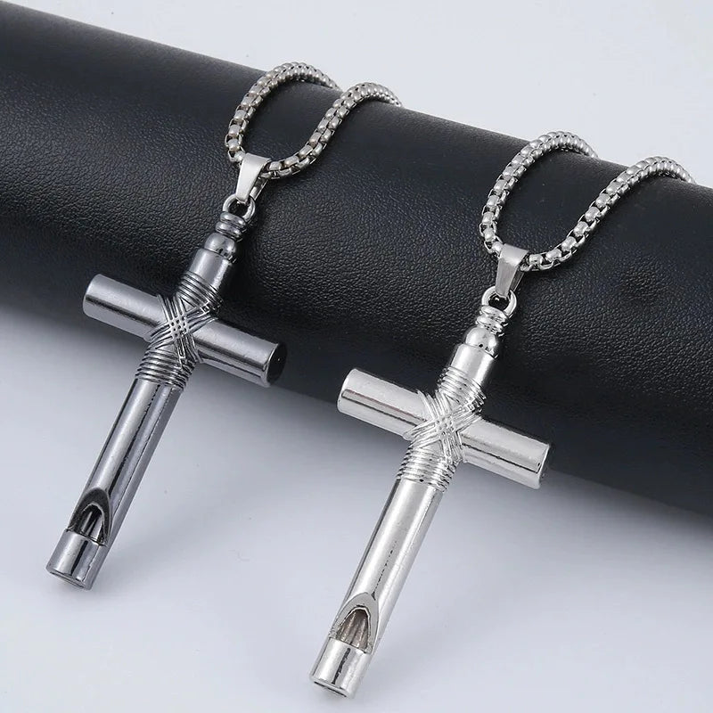 HNSP Stainless Steel Whistle Cross Pendant – Men's Chain Necklace