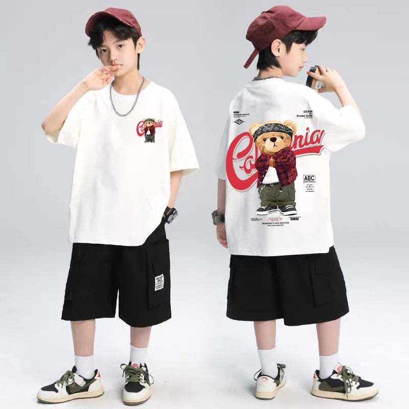 2025 Children's Clothing American Vintage Bear Print Graphic T Shirts Boys Summer Cotton Short-sleeved T-shirt Tops Streetwear - Image 4