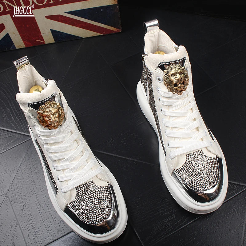 Luxury Rhinestone Men’s High-Top Sneakers – Hip Hop Zipper Boots with Elastic Sole (Model A6) - Image 2