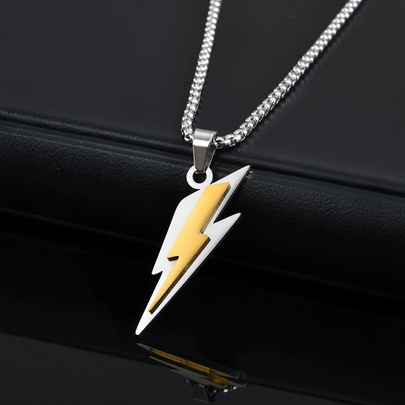 Trendy Lightning Pendant Necklace – Two-Tone Stainless Steel Chain for Men - Image 6